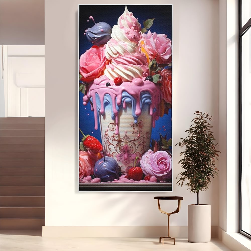 Tablou canvas cu ilustratie digitala cu cupa de desert decorata cu trandafiri, in rama de aluminiu argintiu